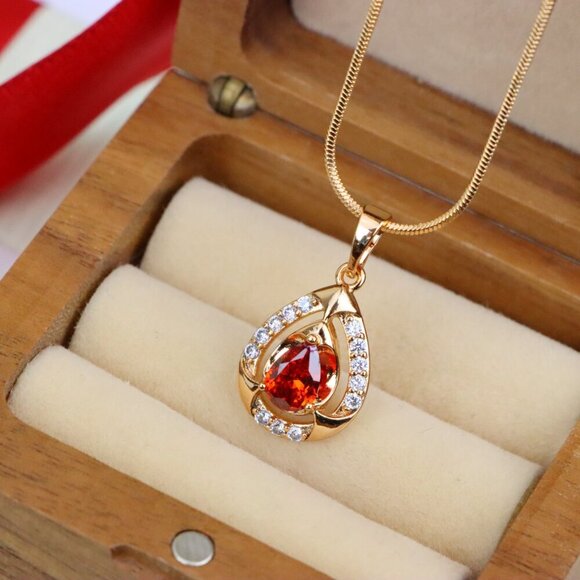 "Red Pear-Shaped Pendant with Gold Finish and Dazzling Accents, XPPT1802 - Picture 10 of 13